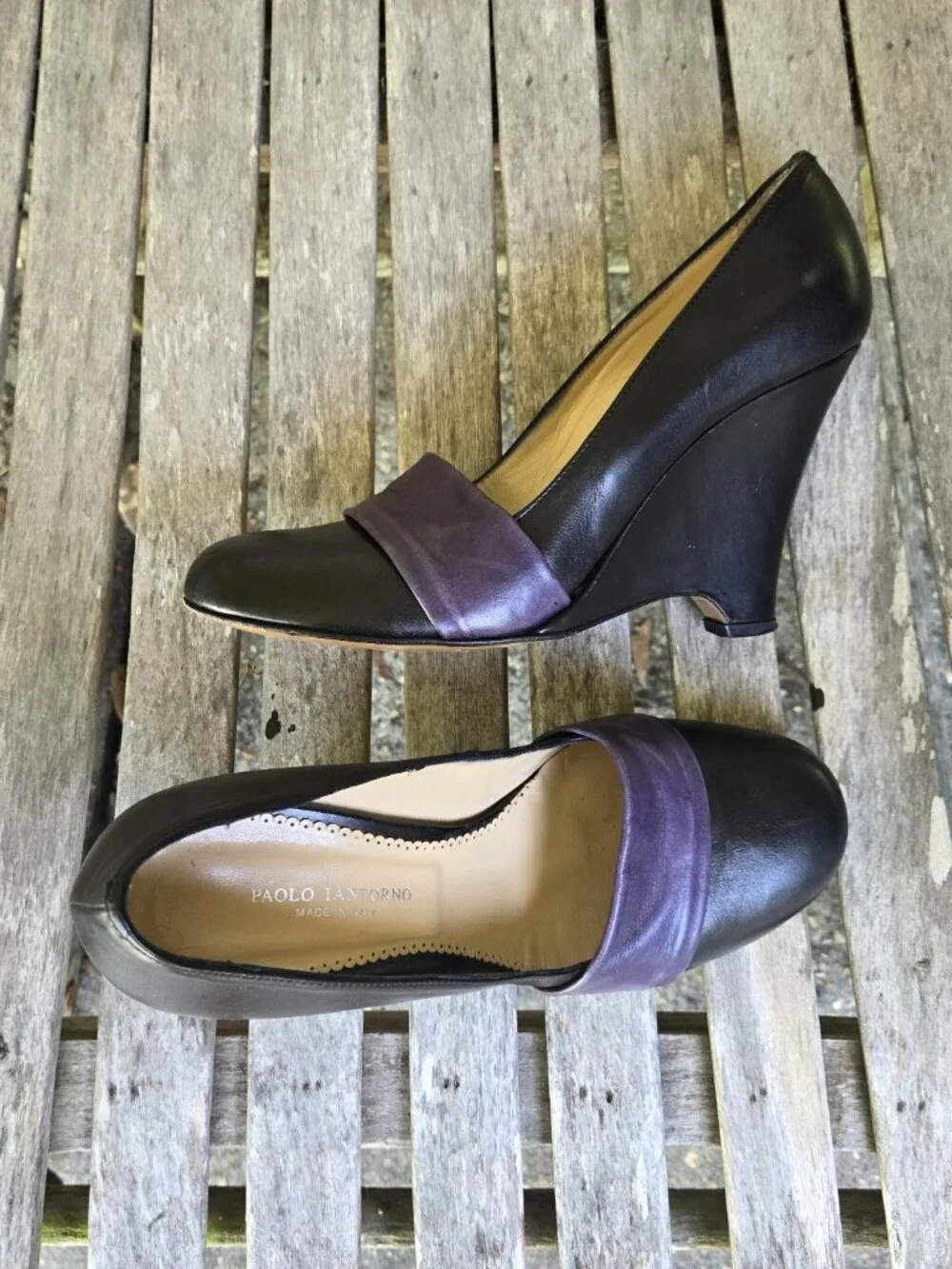 PAOLO IANTORNO Navy Purple Leather Wedge Pumps Shoes 38.5